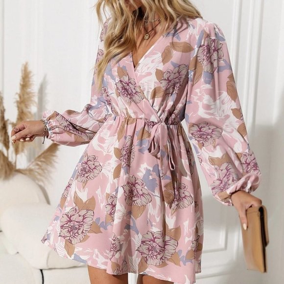 . Dresses & Skirts - Baby Pink Boho Floral Print Lantern Sleeve Belted Dress